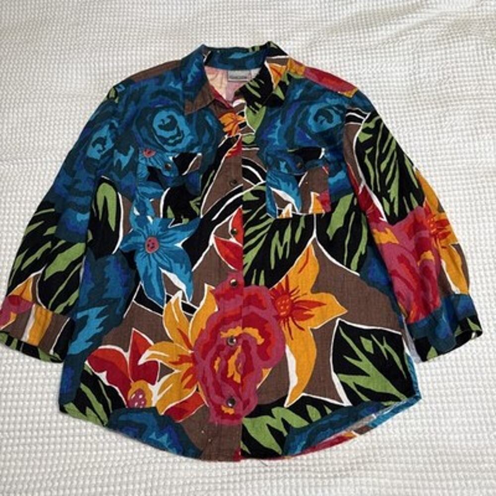 Chicos 1 Colorful Foral Collared 3/4 Sleeve 100% Linen Blouse Size Medium Boho